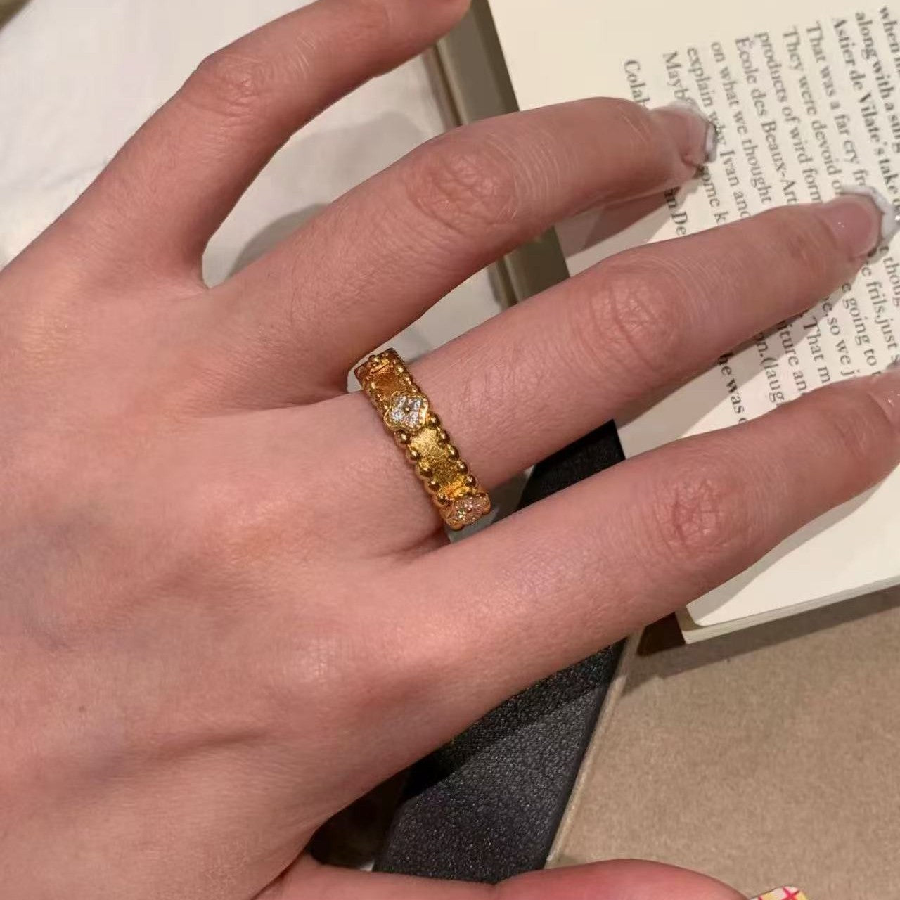 Pure Silver S925 Brushed Craft Four-Leaf Clover Kaleidoscope Necklace and Ring Set Fashionable Elegant Light Luxury