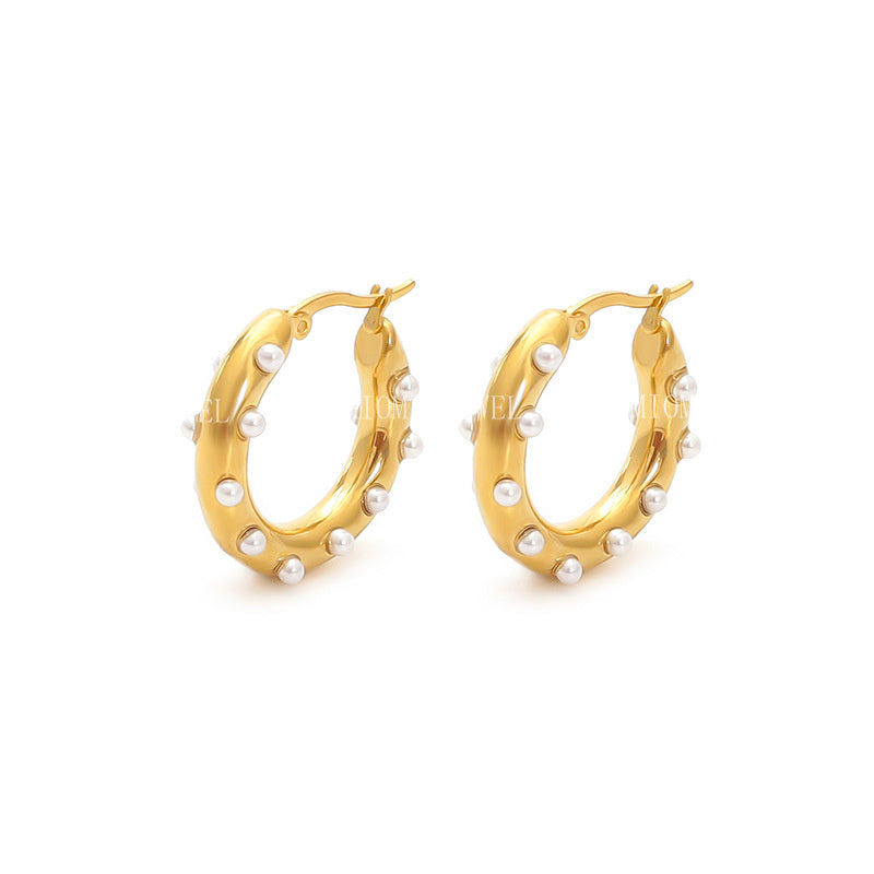 18k Gold Inlaid Pearl Circle Earrings Light Luxury High-end Feel Non-fading Titanium Steel Water Drop C-shaped Ear Jewelry