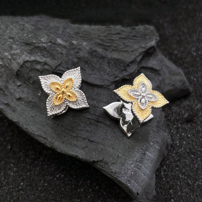 Korean Version Gold and Silver Color Matching 925 Silver Tang Grass Pattern Four-leaf Clover Ear Buckle Earrings for Women casual fashion Trend Personality