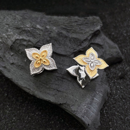 Korean Version Gold and Silver Color Matching 925 Silver Tang Grass Pattern Four-leaf Clover Ear Buckle Earrings for Women casual fashion Trend Personality