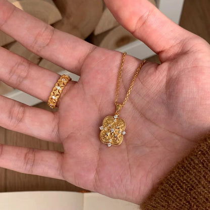 Vintage Style Pure Silver S925 Real Gold Plated High Carbon Diamond Brushed Craft Iris Flower Amulet Double-Sided Necklace