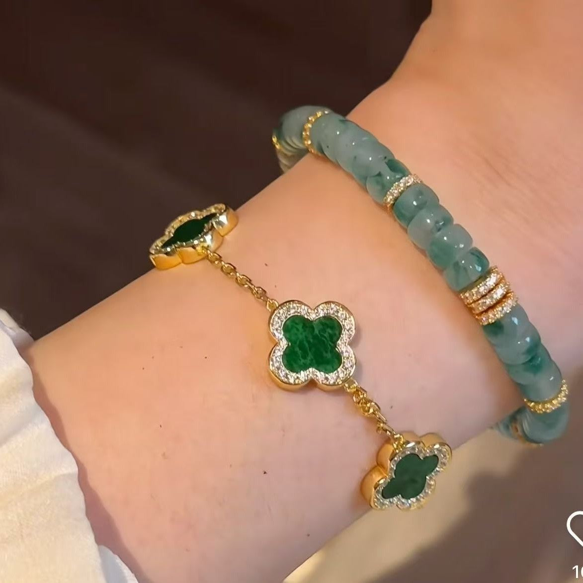 Pure Silver S925 Jade Green Four-Leaf Clover Double-Sided Three-Flower Single-Flower Bracelet Fresh and Luxurious Niche Style Elegant Jewelry