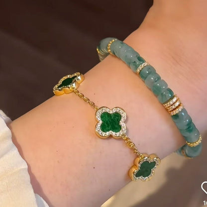Pure Silver S925 Jade Green Four-Leaf Clover Double-Sided Three-Flower Single-Flower Bracelet Fresh and Luxurious Niche Style Elegant Jewelry