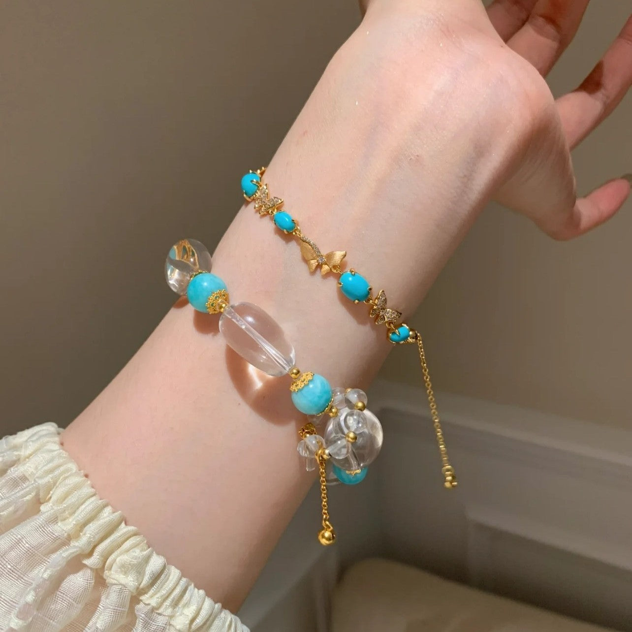 Pure Silver S925 Brushed Craft Blue Turquoise Butterfly Bracelet Vintage Court Style Light Luxury Niche High-end Versatile