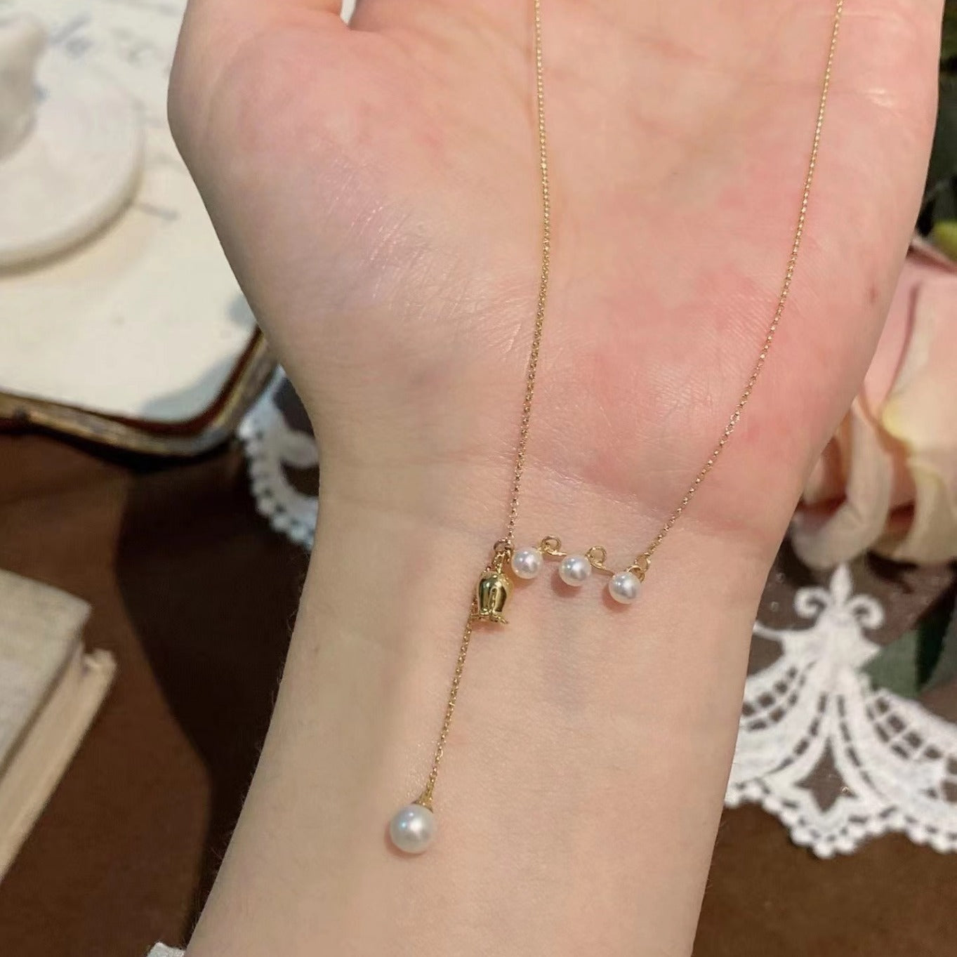 Pure Silver S925 Plated 18K Gold Color Pearl Lily of the Valley Necklace Sweet Cute New Chinese Style Pendant Lock Home