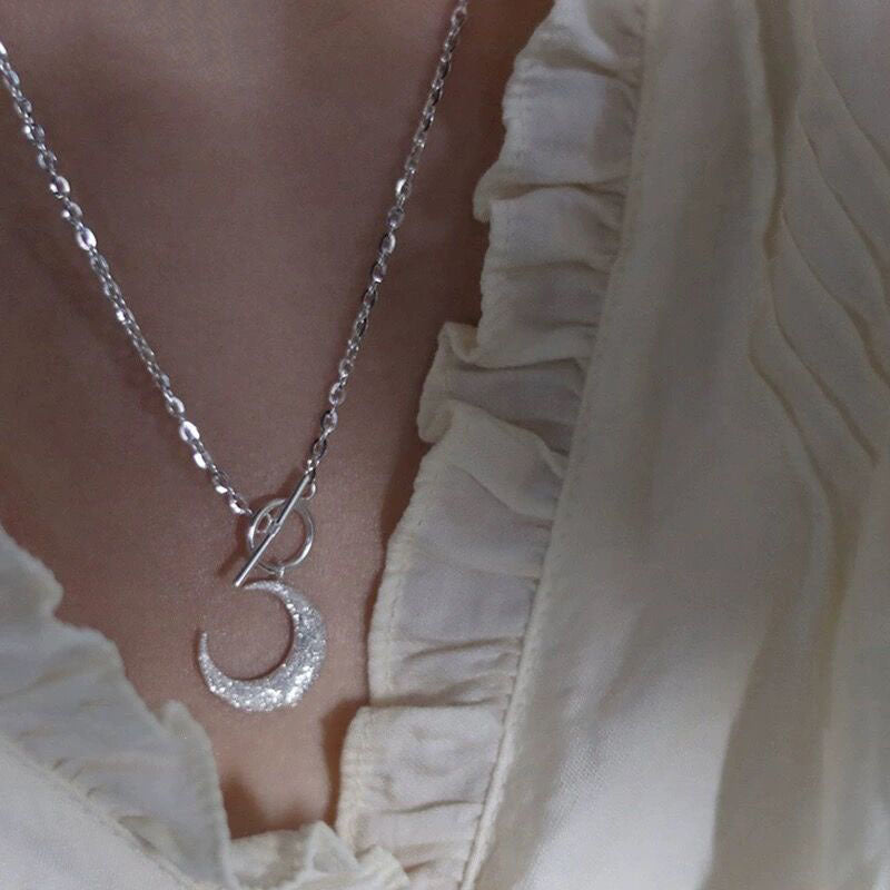 S925 Sterling Silver Flash Sand Moon OT Buckle Necklace for Women, Ins Style, Niche Light Luxury, Fairy-like, Super Sparkling, Radiant Choker