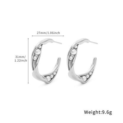 18k Gold Inlaid Pearl Circle Earrings Light Luxury High-end Feel Non-fading Titanium Steel Water Drop C-shaped Ear Jewelry