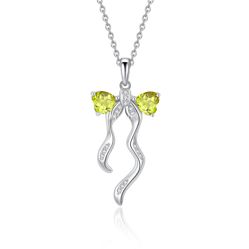 S925 Sterling Silver Ribbon Bow Necklace for Women Korean Style Natural Crystal Stone Niche Topaz Pendant for Women
