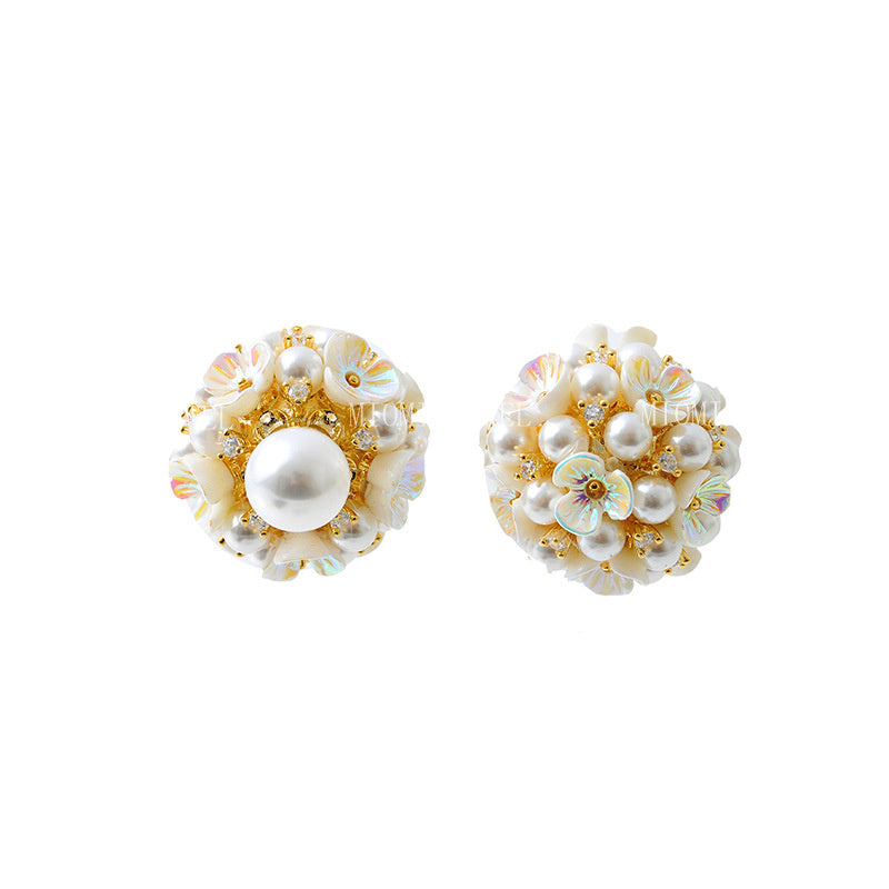 S925 Silver Needle Front and Back Two-Way Wear Flower Cluster Earrings Niche Design Three-Dimensional Small Ball Pearl Shell Flower Stud Earrings