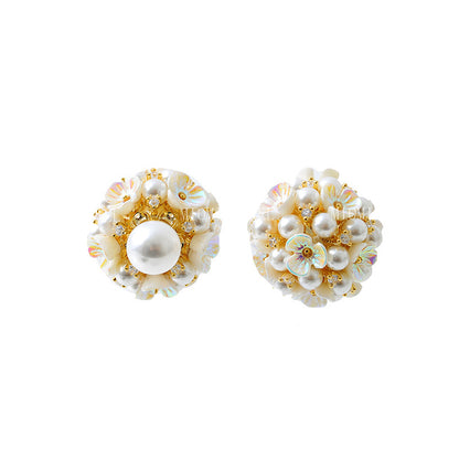 S925 Silver Needle Front and Back Two-Way Wear Flower Cluster Earrings Niche Design Three-Dimensional Small Ball Pearl Shell Flower Stud Earrings