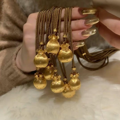 Pure Silver S925 Brown Rope Brushed Craft Large Lucky Bag with Heaven and Earth God of Wealth Sweater Chain