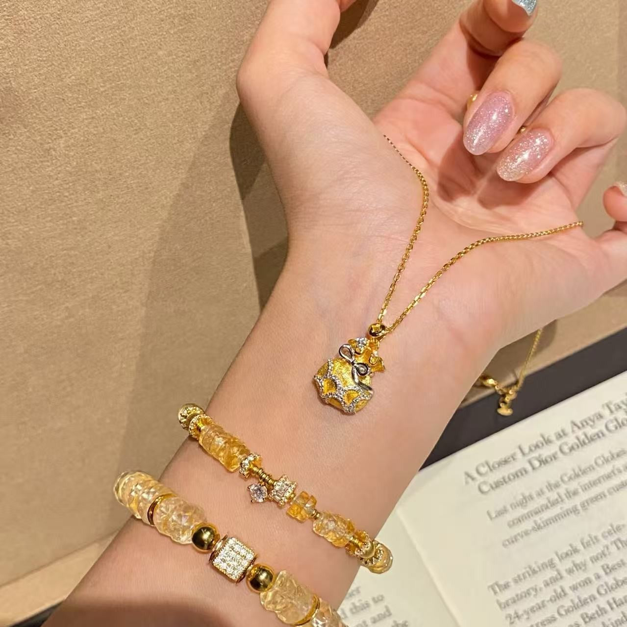 Sterling Silver S925 Brushed Craft Gold and Silver Color Electroplated Lucky Bag Money Bag Necklace Niche Design Light Luxury High-end Feel