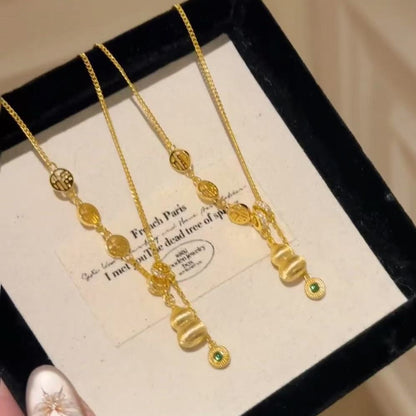 Pure Silver S925 Brushed Craft Fulu Gourd Tassel Necklace New Chinese Style Personality High-Value Fu Pendant Sweater Chain