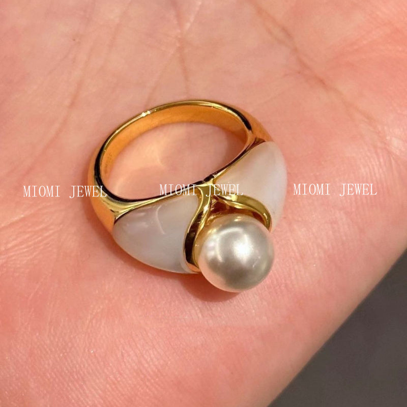Princess Vintage Style Pearl White Shell Ring S925 Sterling Silver 18K Gold Plated Niche Jewelry