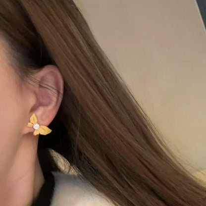 Pure Silver S925 Brushed Craft High Carbon Diamond Butterfly Flower AB Asymmetric Earrings Fashion Versatile High-end Light Luxury