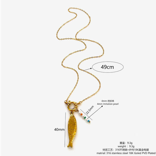 Women's Stylish Stainless Steel Necklace with Conch & Small Fish - Personalized Layered Design, Ocean Beach Style
