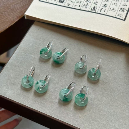 Pure Silver S925 Chinese Style African Jade Ice Floating Flower Donut Earrings Chinese Style Jade Plate Round Beads Light Luxury Exquisite Versatile