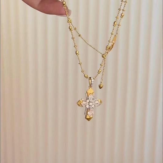 Sterling Silver S925 Brushed Craft Cross Fairy Chain Necklace Vintage Mid-Ancient Light Luxury High-End Niche Design