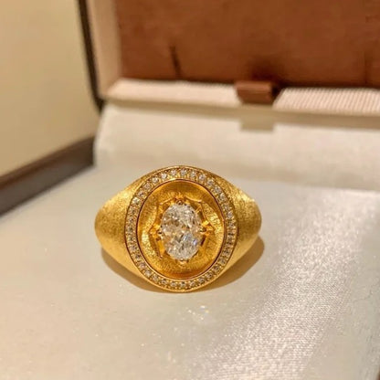 Sterling Silver S925 Italian Brushed Craft Gold Stamp Ring Vintage Niche Personality Light Luxury High-end Feel Ring