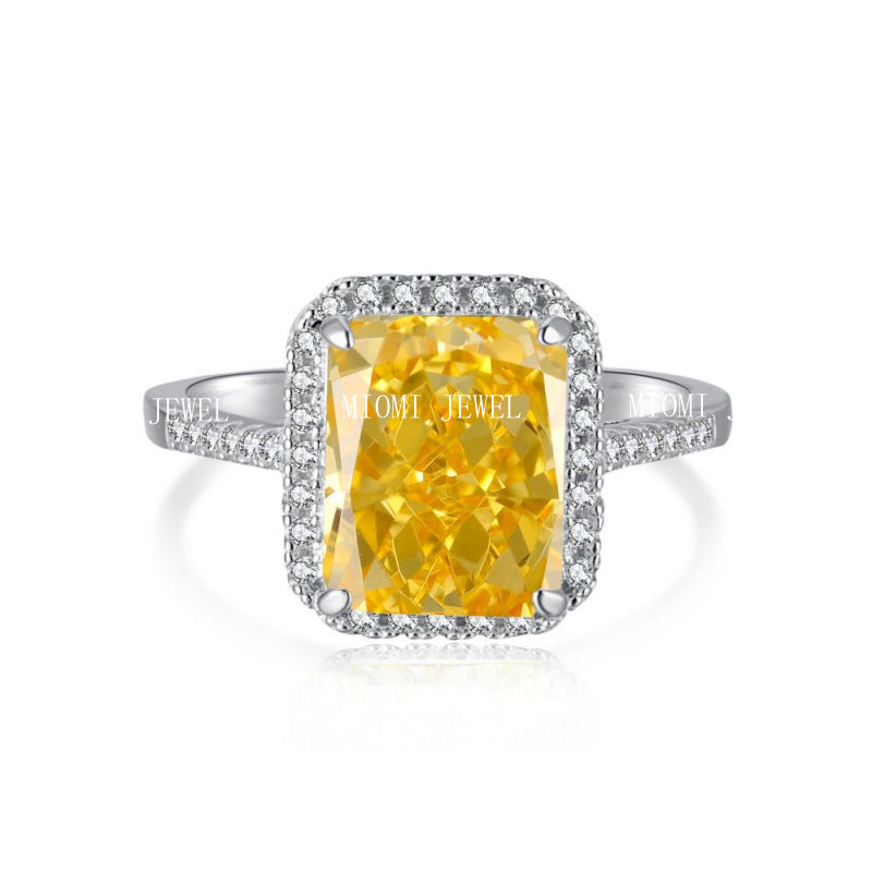 Cross-Border Hot S925 Sterling Silver Yellow Diamond Ring Female Noble Super Flash Ice Flower Cut High Carbon Diamond 8A Zircon Ring