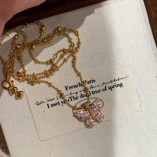 Pure Silver S925 Spring Gradient Pink Butterfly Brushed Craft Double-Sided Necklace Simple Versatile