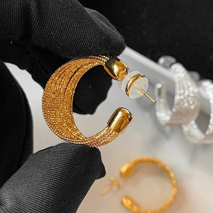 European and American C-shaped Exaggerated Pure Silver S925 Gold-plated Brushed Earrings for Women, Niche Design Sense, High-end Silver Stud Earrings