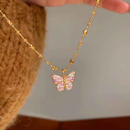 Pure Silver S925 Spring Gradient Pink Butterfly Brushed Craft Double-Sided Necklace Simple Versatile