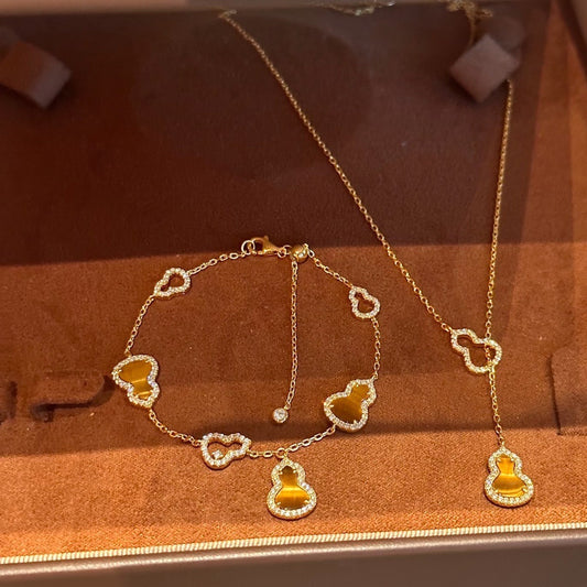 Pure Silver S925 Natural Tiger Eye Double-Sided Wearable Bracelet Necklace Set Light Luxury Exquisite High-End Feel Whitening Accessories