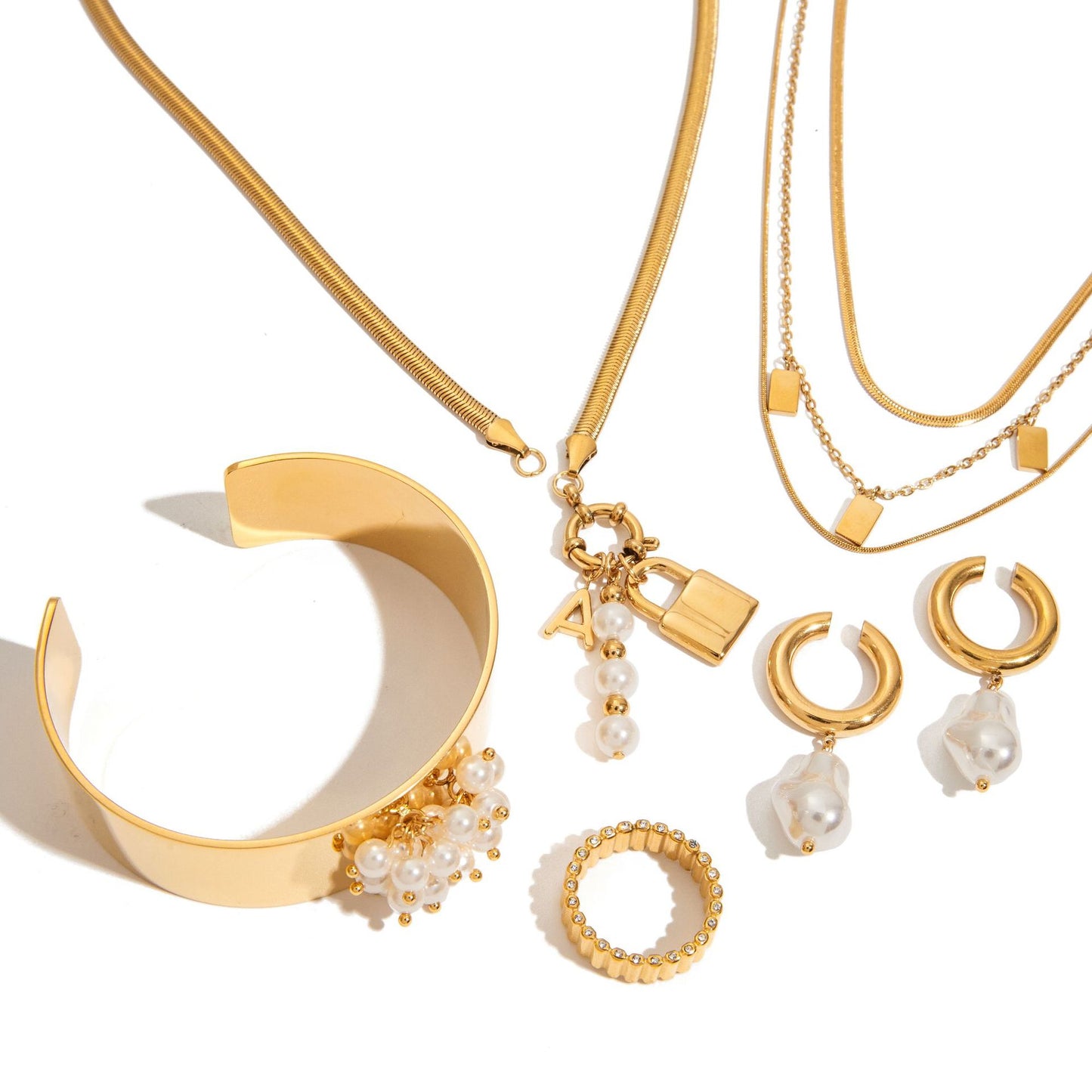 Ring Titanium Steel Non-Fading Jewelry Light Luxury High-End Earrings Pearl Necklace Stainless Steel Bracelet for Women