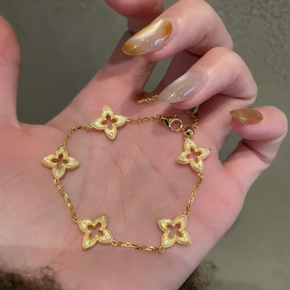 Pure Silver S925 Vintage Style Brushed Star Lucky Four-Leaf Clover Satin Brushed Bracelet Exquisite and Elegant