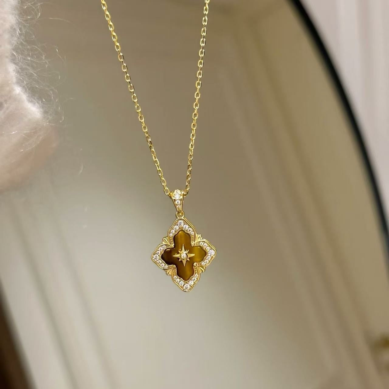 Pure Silver S925 Bucha Style Four-Leaf Clover Tiger Eye Necklace Bracelet Set Heavy Craft Buchi Brushed Set Light Luxury High-end