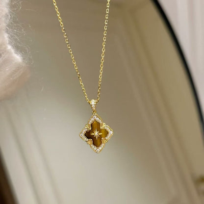 Pure Silver S925 Bucha Style Four-Leaf Clover Tiger Eye Necklace Bracelet Set Heavy Craft Buchi Brushed Set Light Luxury High-end