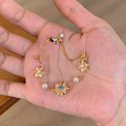 Sterling Silver S925 Brushed Craft Small Daisy Pearl Bracelet Light Luxury Unique Elegant Forest Style Daily Jewelry