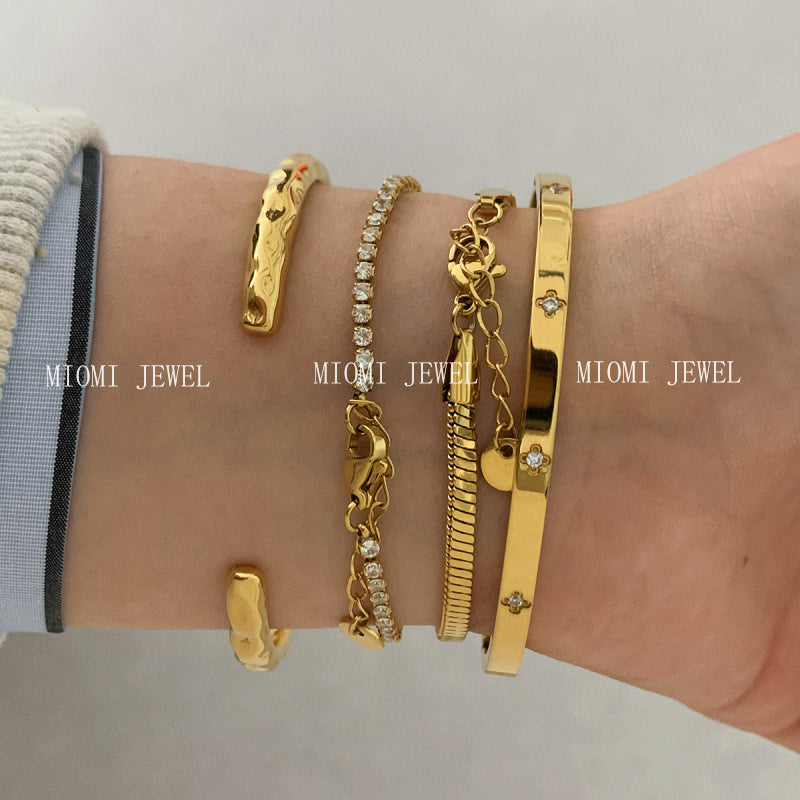 Stackable Irregular Texture Heart Jewelry Set Stainless Steel Vacuum Plating Non-Fading Autumn Winter Bracelet Bangle