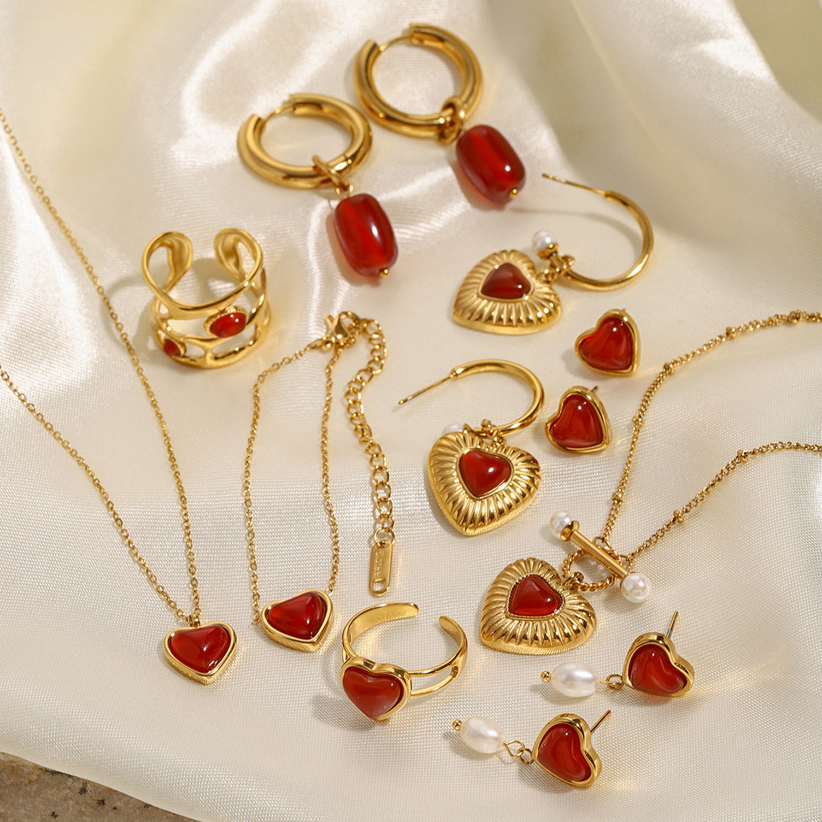 18k Gold Stainless Steel Red Agate Heart Necklace High-end Pendant Earrings Niche Ins Style Ring