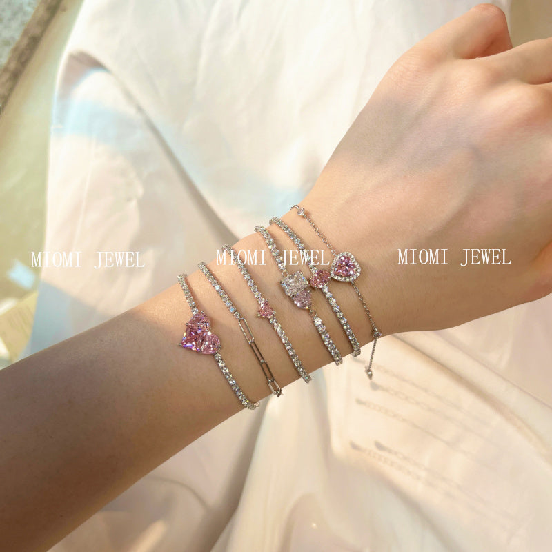 S925 Sterling Silver Bracelet for Women with Heart Zircon Inlay, Exquisite Tennis Bracelet for Women, Business Jewelry