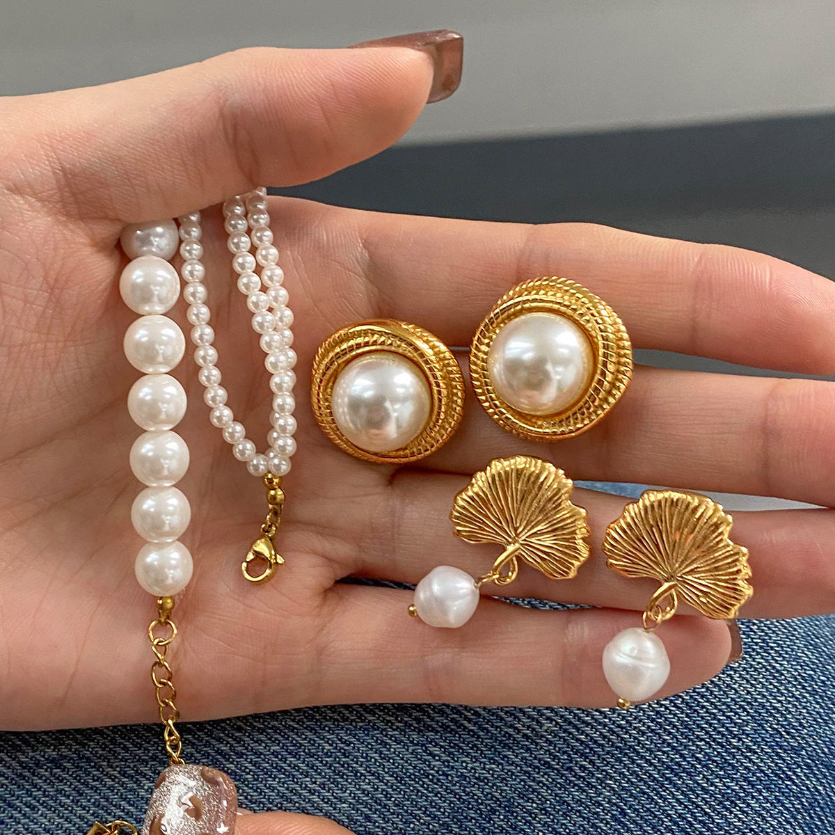 Stainless Steel Pearl Necklace High-end Exaggerated Flower Stud Earrings Titanium Steel Jewelry Earrings