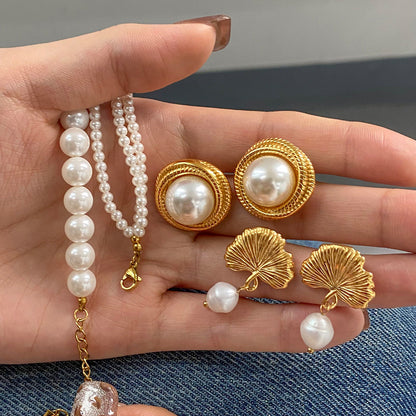 Stainless Steel Pearl Necklace High-end Exaggerated Flower Stud Earrings Titanium Steel Jewelry Earrings