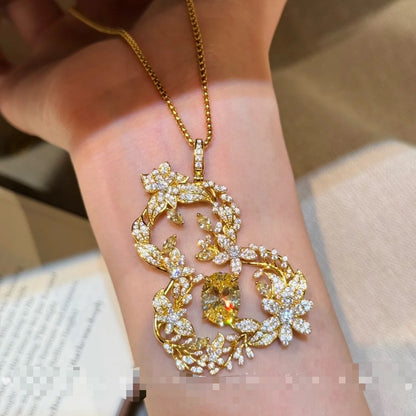 Silver S925 High-End Light Luxury Floral Full-Inlaid Yellow Diamond Gourd Sweater Chain Cool and Elegant Exquisite Collarbone Chain