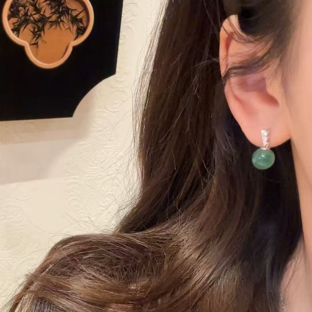 Pure Silver S925 Natural African Emerald Earrings Chinese Style Unique Dragon Jade Round Bead Earrings Niche High-end Exquisite Light Luxury