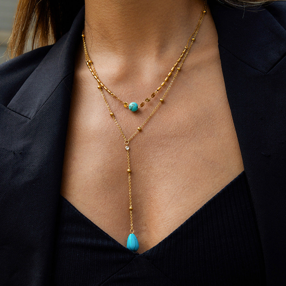 Blue Turquoise Double Layer Titanium Steel Long Necklace Accessories Women Light Luxury High-end Sense Y Chain Stainless Steel Jewelry