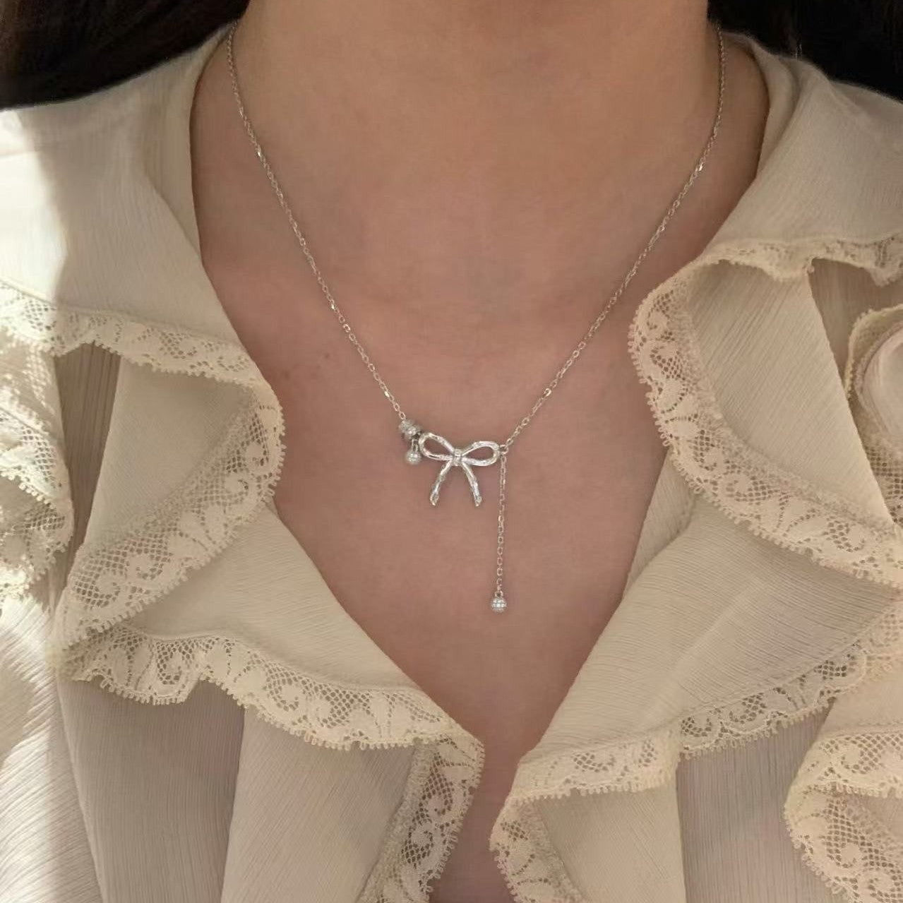 Sterling Silver S925 Runaway Princess Bow Necklace Light Luxury Vintage High-Value Sweet Versatile Collarbone Chain