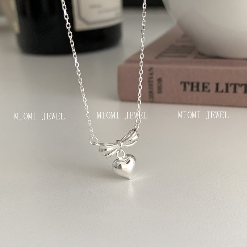 S925 Sterling Silver Niche Design Bowknot Heart Pendant Necklace for Women