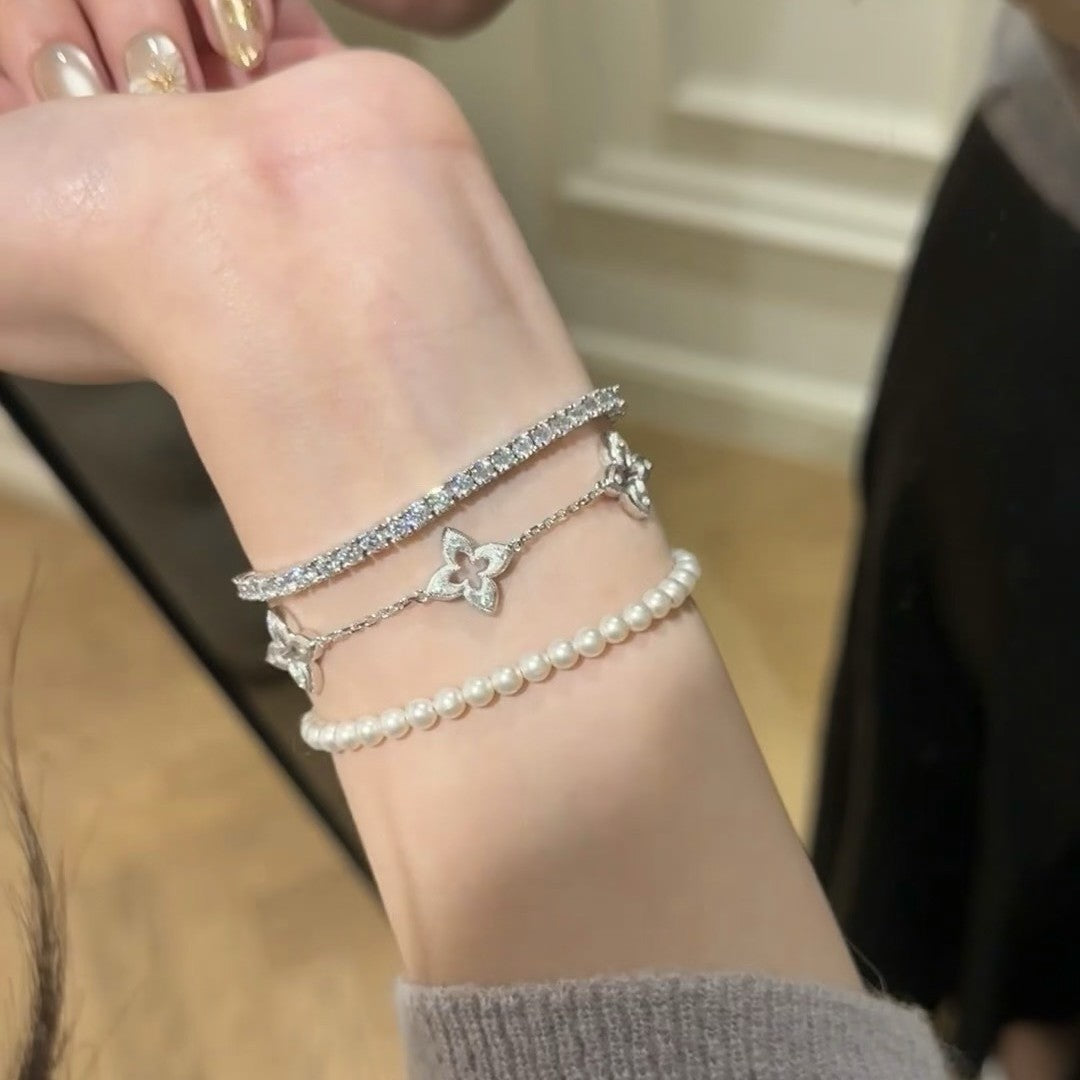 Pure Silver S925 Vintage Style Brushed Star Lucky Four-Leaf Clover Satin Brushed Bracelet Exquisite and Elegant