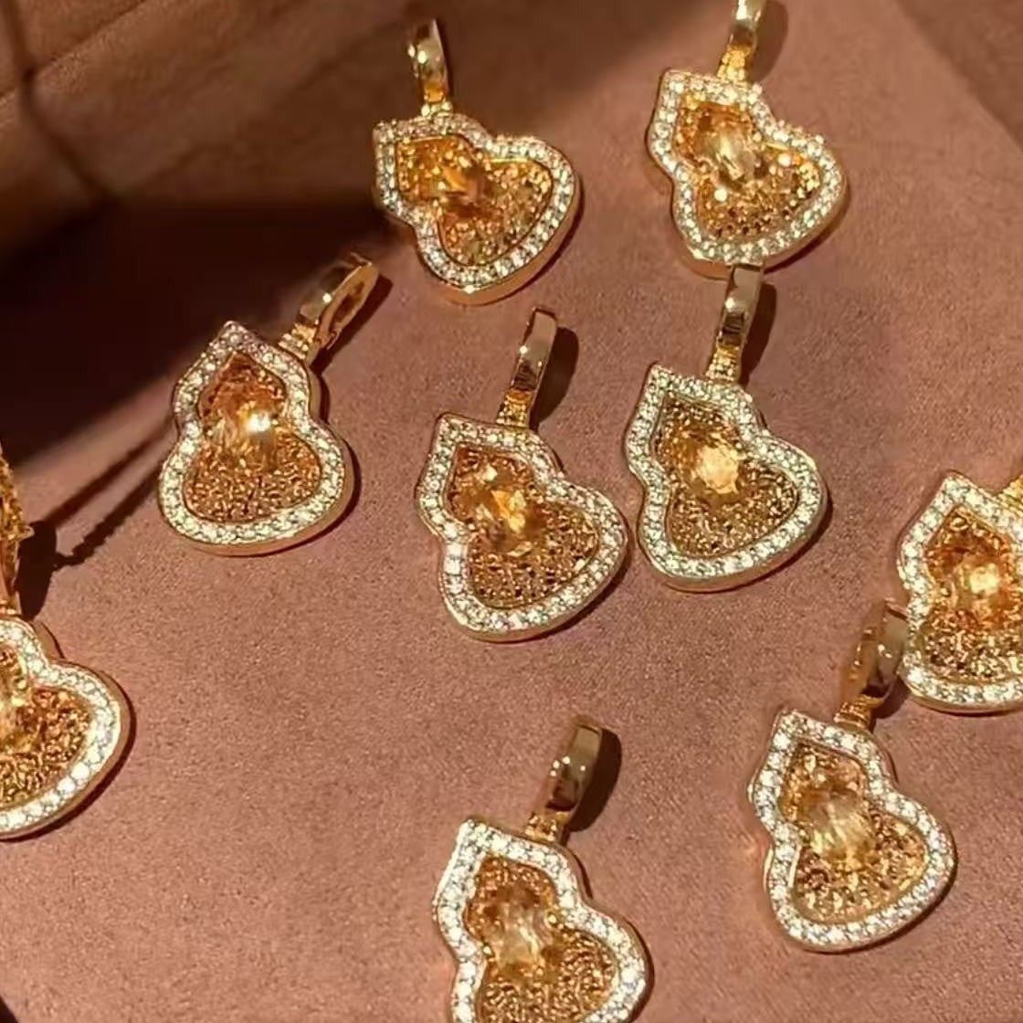 Pure Silver S925 CNC Craft Gourd Yellow Crystal Necklace Brown Rope Necklace New Chinese Style Exquisite Light Luxury High-end Jewelry