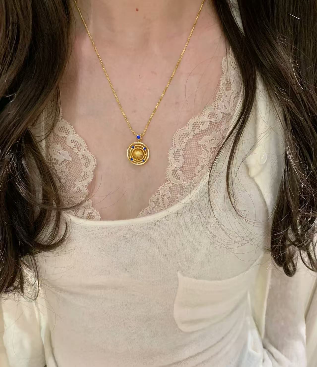 Sterling Silver S925Heavy Craft High-End Brushed Rotating Planet Necklace Niche Design Light Luxury Blue Diamond Star Collarbone Chain