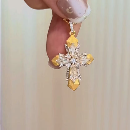 Sterling Silver S925 Brushed Craft Cross Fairy Chain Necklace Vintage Mid-Ancient Light Luxury High-End Niche Design