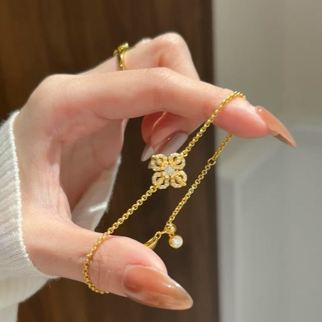 Old Money Style Cross Vajra Double-Sided Bracelet Light Luxury Full Diamond Light Luxury Hollow Small Flower Hand Jewelry Design Sense