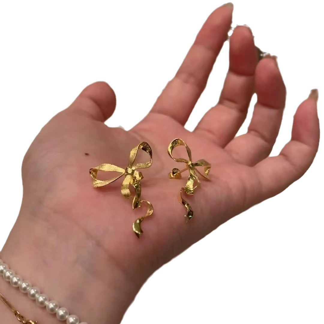 Italian Vintage Brushed Light Luxury High-End Jewelry 925 Sterling Silver Brushed Craft Forged Surface Bowknot Earrings for Women