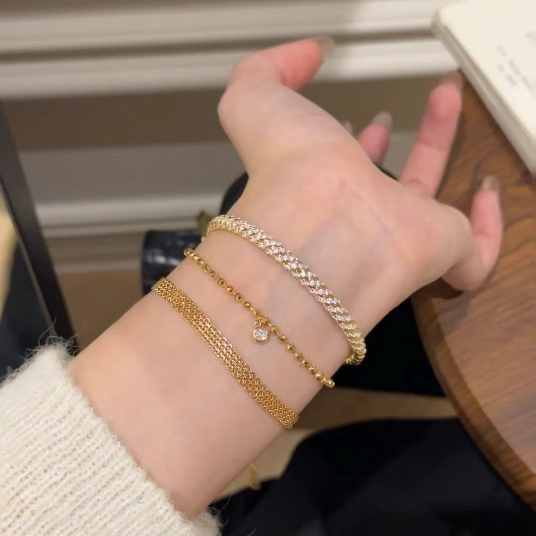 Vintage Style Pure Silver S925 Real Gold Plated High Carbon Diamond Bubble Laser Bead Bracelet Push-Pull Adjustable Bracelet